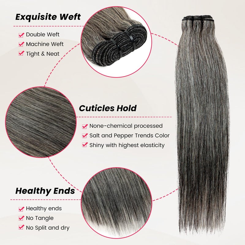 MYDIVA Salt and Pepper Human Hair Bundles Straight 14 14 14 inch Natural Gray Bundles Human Hair 12A Grey-White Quick Weave Hair Extensions Double Weft - Image 3